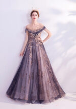 vPurple Off-Sleeve Evening Long Dress