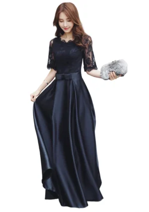 Elegant Black Lace & Satin Evening Gown