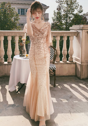Glamorous Champagne Sequin V-Neck Mermaid Evening Dress