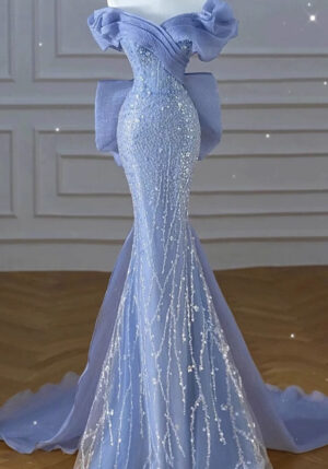 One-Shoulder Blue Sequin Evening Dress