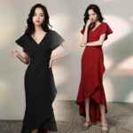 Women's Black & Burgundy Asymmetric Hem Dress for Formal Occasions