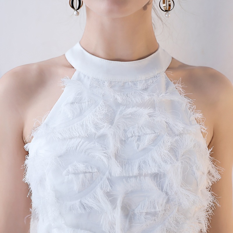 Elegant White Feather Halter Neck Maxi Evening Gown