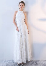Elegant White Feather Halter Neck Maxi Evening Gown
