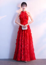 Elegant White Feather Halter Neck Maxi Evening Gown